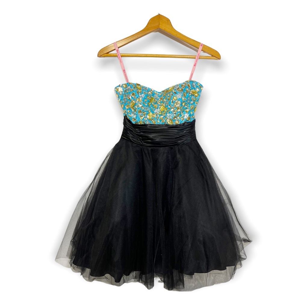 Flirt by Maggie Sottero Aqua & Black Strapless Tulle Fit & Flare Dress S…